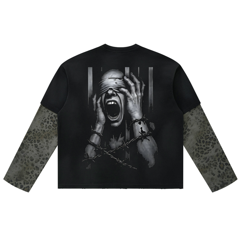Unisex Vintage Wash Leopard Paneled Layer T-Shirt