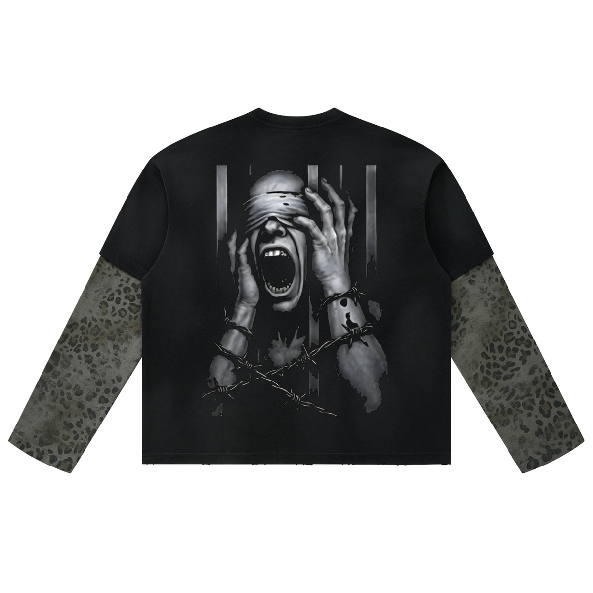 Unisex Vintage Wash Leopard Paneled Layer T-Shirt