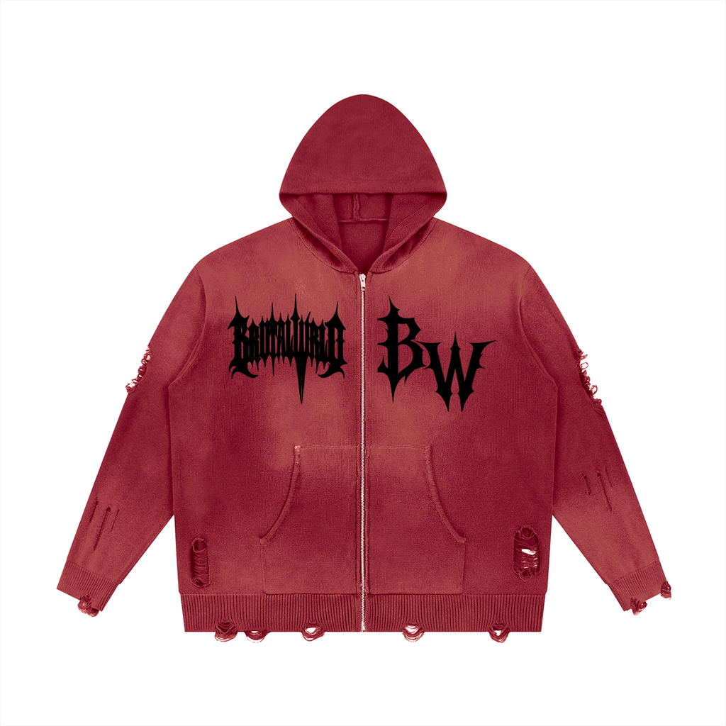 Unisex Distressed Full Zip Sweater