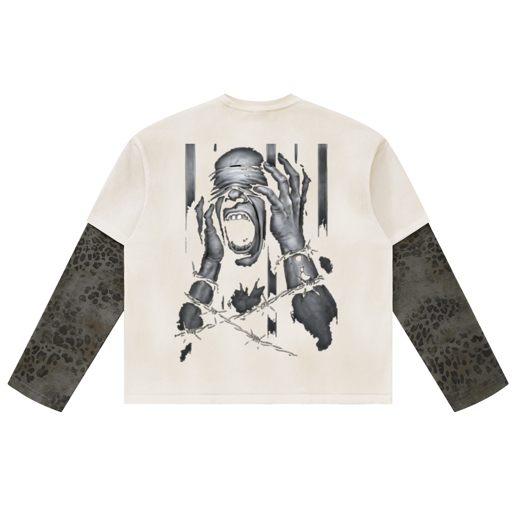 Unisex Vintage Wash Leopard Paneled Layer T-Shirt